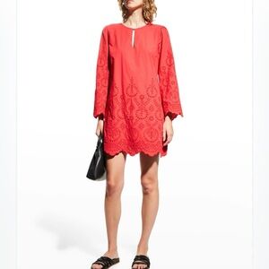 NEW Johnny Was Sylvia eyelet scalloped long sleeves cotton shift Mini Dress XL